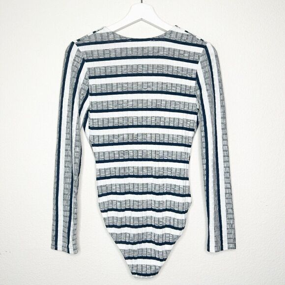 Astr Black White and Gray Striped Twist Front Plunge Neck Bodysuit M - Picture 8 of 11